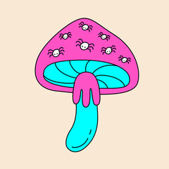 Colorful retro mushroom fly agaric with dotted spiders. Groovy hippie Halloween illustration