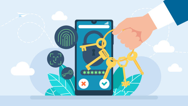 Mobile security concept. Secure connection, privacy and protection. Man hold security bunch of keys to open padlock and get access to hack privacy, activities and history of data. Vector illustration