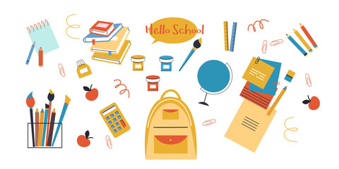 Back to school. Little boys and girls with School supplies. Cartoon flat vector illustration. Funny cartoon kids characters. Happy kids at school banner. 