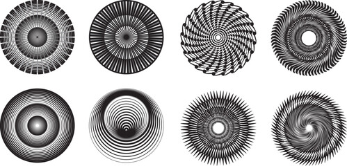 Spiral, swirl, twirl element set. Rotating circular and concentric shapes vector Illustration. Volute, helix, and curlicue designs