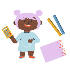Back to school. Little girl with School supplies. Cartoon flat vector illustration. Funny cartoon kids characters. Happy kids at school banner. 