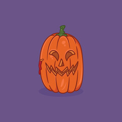 Cute halloween pumpkin illustration on purple background, cartoon icon