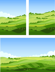 Landscape in the Alps with fresh green meadows and trees, fields and mountain tops in the background. Cartoon vector illustration. Flat design