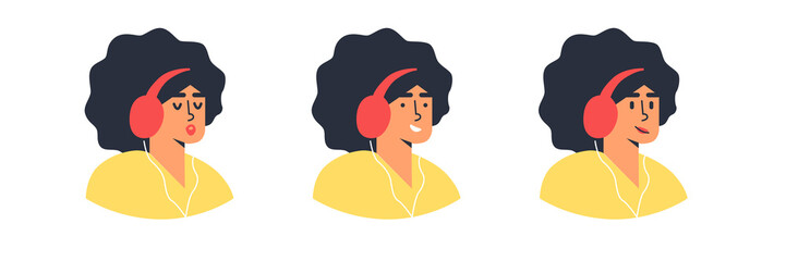 Young woman listen to music. Cartoon style vector illustration. Different emotions. People avatar set. Woman avatar. Isolated