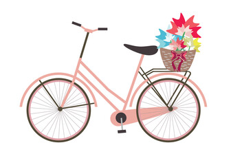 bicycle with basket of flowers vector - spring theme - isolated on white background