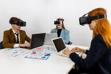 business persons with virtual reality headsets in meeting room at the office. businessperson brainstorming on a virtual  3d vr goggles.