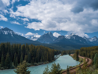 Railroad tracks wind their way through Banff National Park in the Canadian Rockies