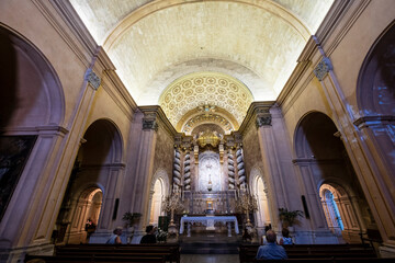 Fototapeta premium Gothic altarpiece and colorful paintings of religious imagery, Sanctuary of the Mare de Déu de Sant Salvador, XIV century., Felanitx, Majorca, Balearic Islands, Spain