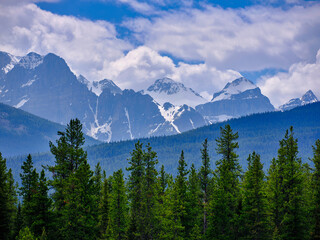 Snow capped peaks of the Canadian Rockies near Banff National Park Canada