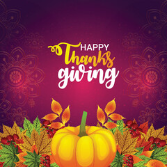 Happy thanksgiving day greeting card with turkey bird, pumpkin and autumn leaves