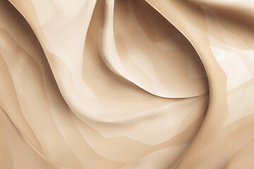 Undulating fabric creamy colors with complex texture. Silk fabric beige macro texture background.