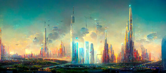 Fototapeta High-rise buildings, flying vehicles, and lush vegetation all coexist in futuristic fantasy cityscape. Spectacular digital art 3D illustration. Acrylic painting. obraz