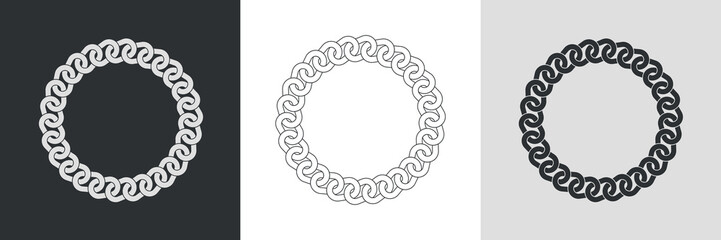 Chain round frames. Set of circle border chains silhouette, line art and inversion. Seamless wreath circle shape. Jewelry design, text frame. Vector illustration