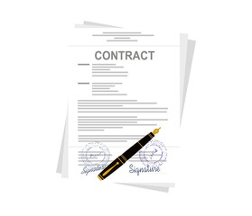 Contract, paper documents with seal, text, signature. Checklist, approved assignment, project, or office document to execution. 