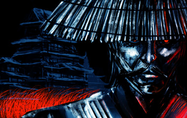 Artwork illustration of japanese horror ghost samurai master portrait in hat on night landcape background.