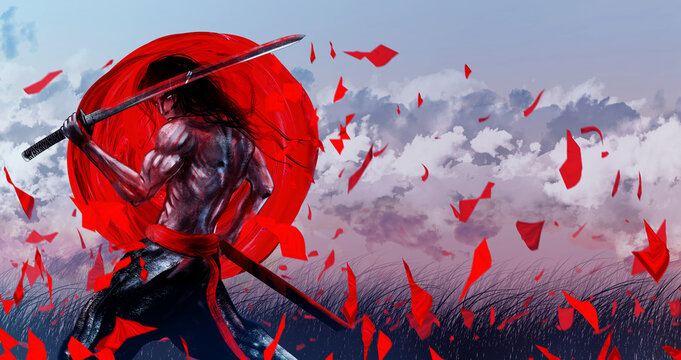 Artwork illustration of fantasy samurai or shogun japanese warrior with sword posing on windy field landscape background.