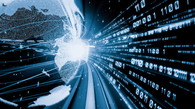 Futuristic global network and tacit digital data transfer 3D graphic . Concept of smart digital transformation and technology disruption that changes global trends in new information era .