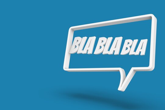 3d render illustration of comic style bla bla words  in speech box on blue background.