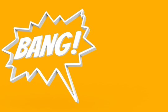 3d render illustration of comic style bang word in speech box on yellow background.