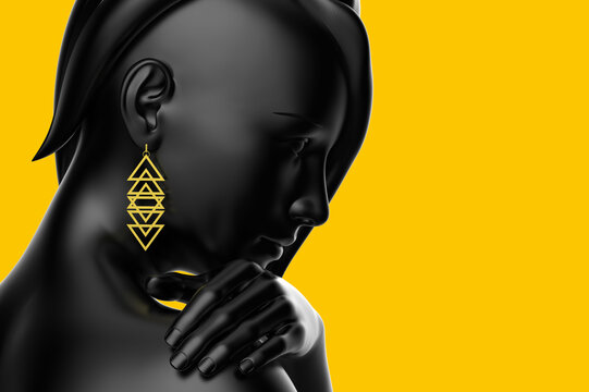 3d render illustration of black toned girl mannequin with golden geometric shaped earrings on yellow background.