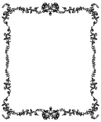 Isolated engraved artwork illustration of floral leaf and branches frame ornament on white background.