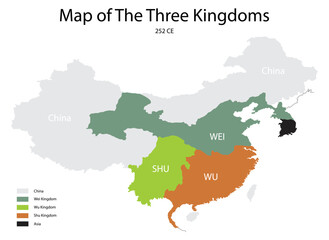 illustration of history and politics, The Three Kingdoms from 220 to 280 AD was the tripartite division of China among the dynastic states of Cao Wei, Shu Han and Eastern Wu