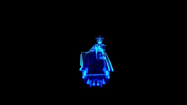 Aircraft carrier. Military ship concept background. Blue particles and lines form wire-frame 3d model aircraft carrier.