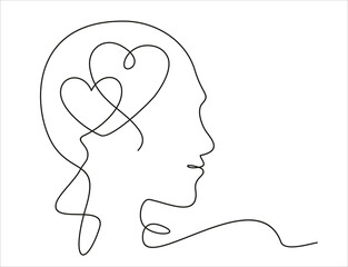 Continuous one line drawing of human head with a hearts. 