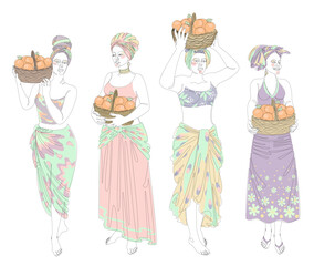 Collection. Silhouettes of a girl in a headscarf. The lady is holding a basket of oranges in her hands. Woman in modern one line style, outline. Vector illustration, set.