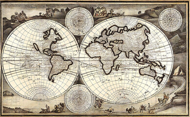 Antique map of the world in two hemispheres with antique decoration for vintage and historical decoration