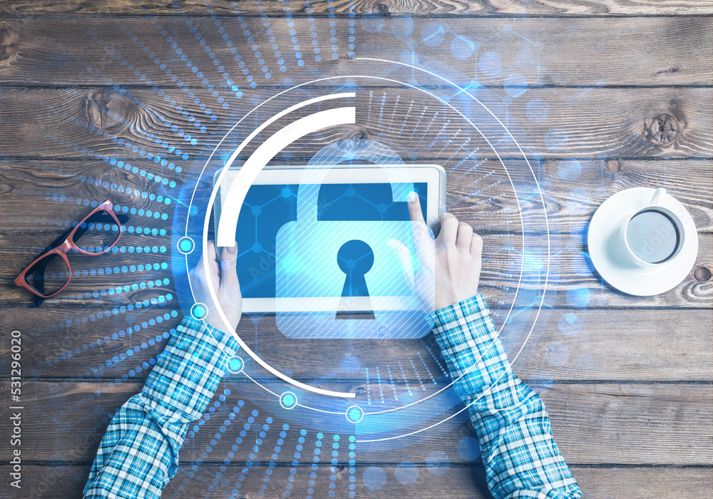 Poster concept of computer access with media lock icon on tablet screen