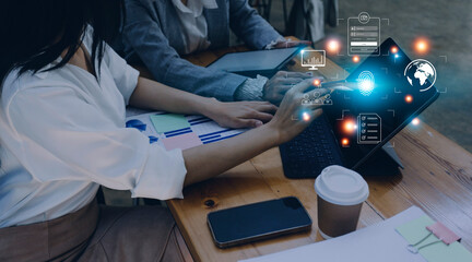 Technology fingerprint scan provides security. digital transformation change management,new technology big data and business process strategy, automate operation, customer service management.