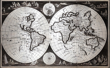 World map in black and white, historical and geographical engraving, witness of an old era