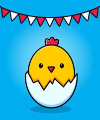 Birthday card. Yellow chicken in a shell. Children's print. Vector illustration