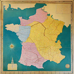 Map of France with compass rose, old style of 18th century engravings, for retro and offbeat decoration