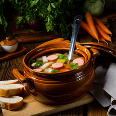 Potato kohlrabi soup with bockwurst