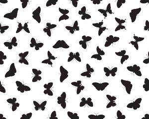 Naklejka na ściany i meble Seamless pattern with black silhouettes of butterflies on white background 