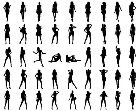Black silhouettes of beautiful girls in various poses on a white background	