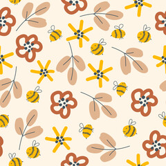 Pattern from natural materials. Print in pastel colors from various plants. Free hand. Seamless pattern. Vector illustration.
