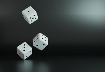 Three falling white dice on a black background with gradient light. 3D modern template