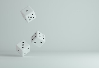 Three falling white dice on a withe background. 3D modern template