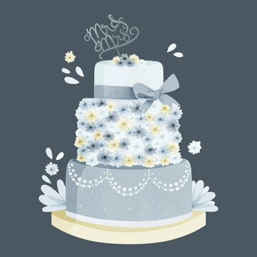 hand painted watercolor wedding cake with topper vector design illustration