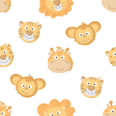 Seamless pattern with jungle cute animal characters. Funny elephant, giraffe, lion, tiger,monkey. Children pattern. Faces of wild animals. Vector illustration on white background.