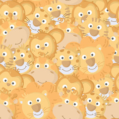 Seamless pattern with jungle cute animal characters. Funny elephant, giraffe, lion, tiger,monkey. Children pattern. Faces of wild animals. Vector illustration on white background.