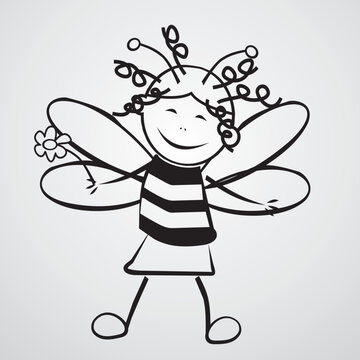 smile bee, girl and flower,  vector icon design, black color, line art, contour drawing, transparent vector illustration, gray background