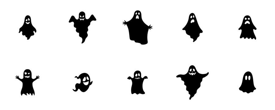 Conjunto de iconos de fantasmas espeluznantes de halloween, estilo silueta negro. Fantasmas voladores. Concepto de miedo y terror. Ilustración vectorial