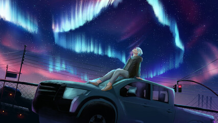 boy sit on car under aurora borealis night sky digital art style illustration painting anime wallpaper high definition - obrazy, fototapety, plakaty