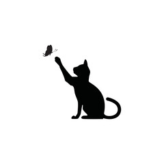 A kitten plays with a flying butterfly. Black silhouette of a cat isolated on white background. The symbol of Halloween. Can be used as a sticker template, logo element, icon for web design.