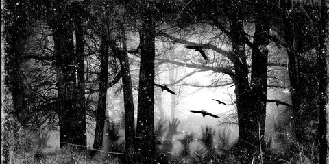 Spooky forest with flying birds, dead trees, cobwebs and zombie hands over graves, Halloween party. Gothic design	