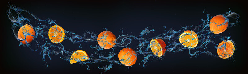 Panorama with fruits in water - oranges are a good gift for Christmas and New Year
